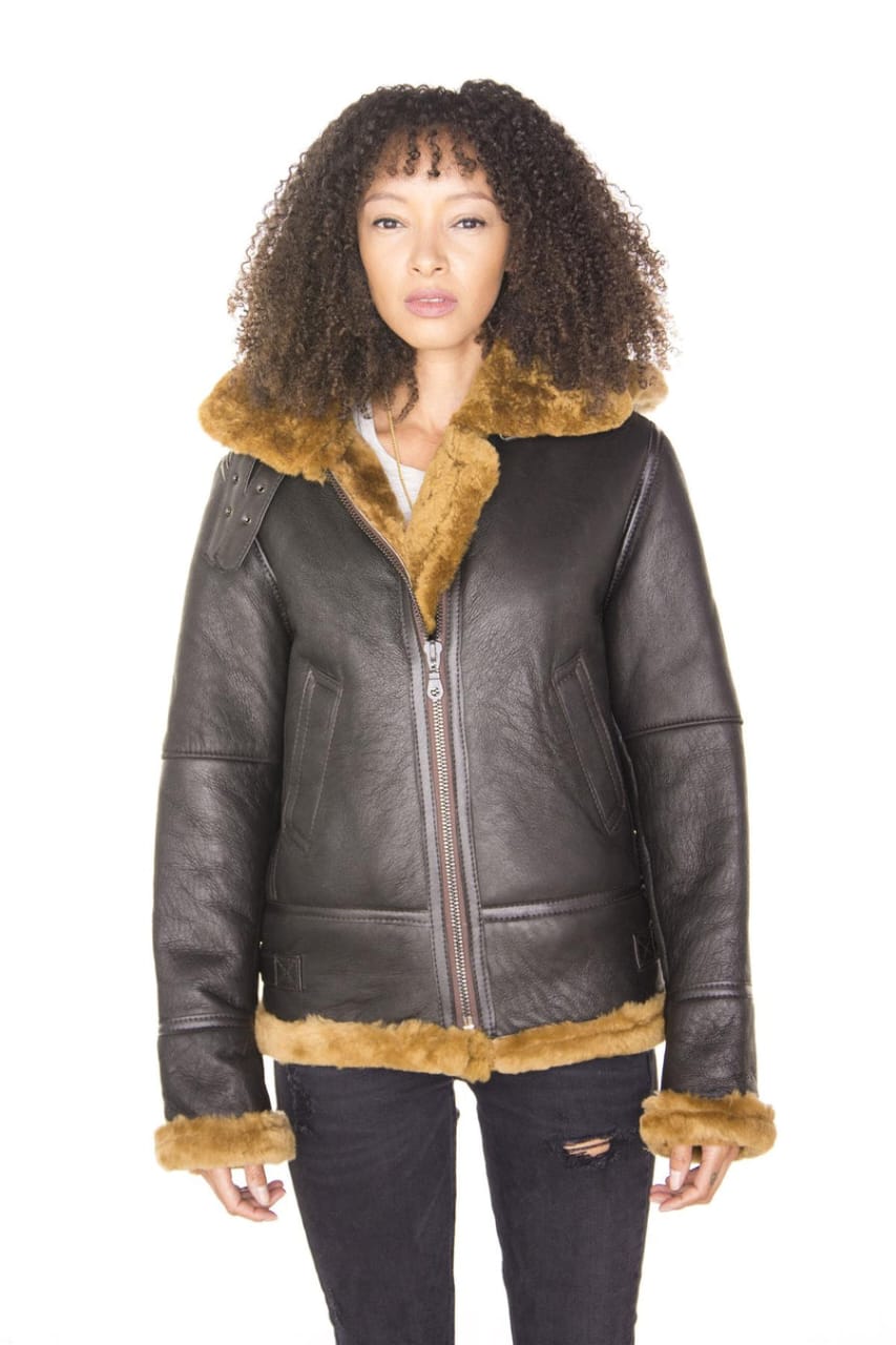 WOMENS HOODED SHEEPSKIN FLYING LEATHER JACKET-PALERMO
