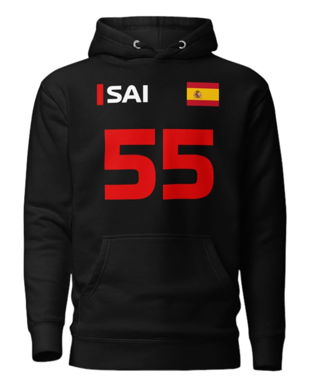 Front reference photo of Carlos Sainz Hoodie in black and red, showing large number 55 graphic