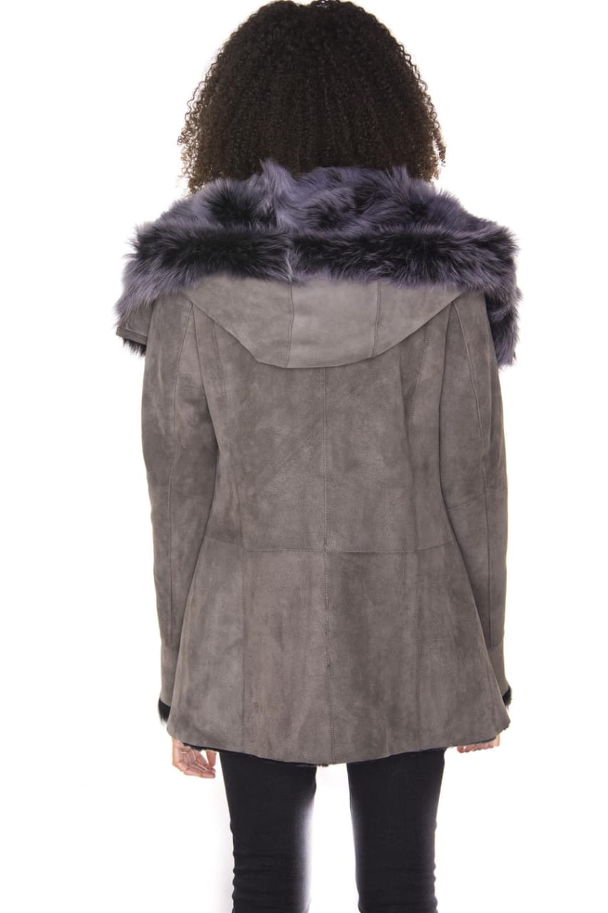 WOMENS GREY SUEDE HOODED MERINO SHEEPSKIN COAT-MONROVIA