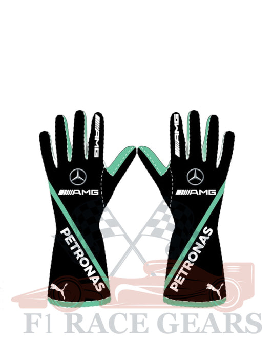 Lewis Hamilton 2023 Mercedes replica racing gloves in black & teal, design with driver-inspired graphics