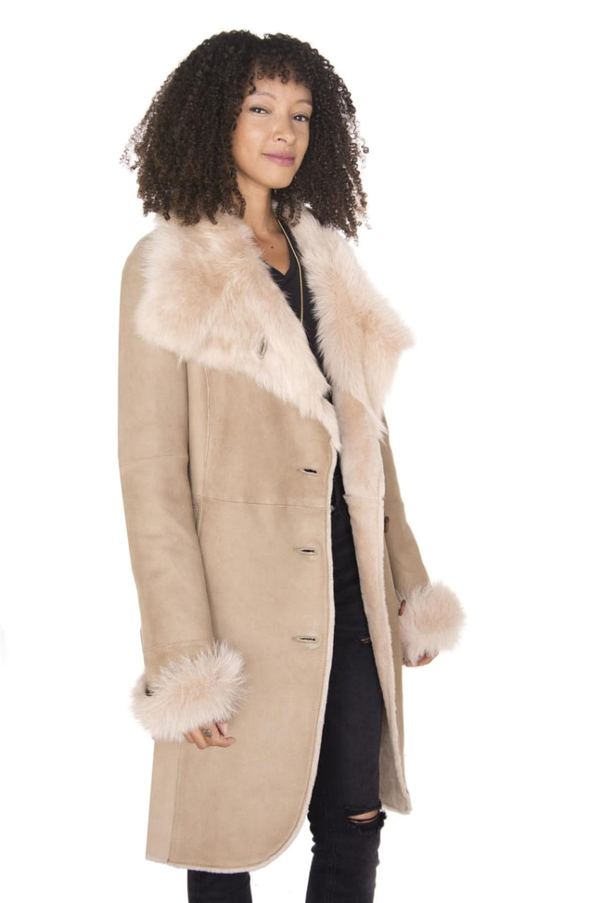 WOMENS SUEDE MERINO SHEARLING COAT WITH TOSCANA COLLAR-HANOI