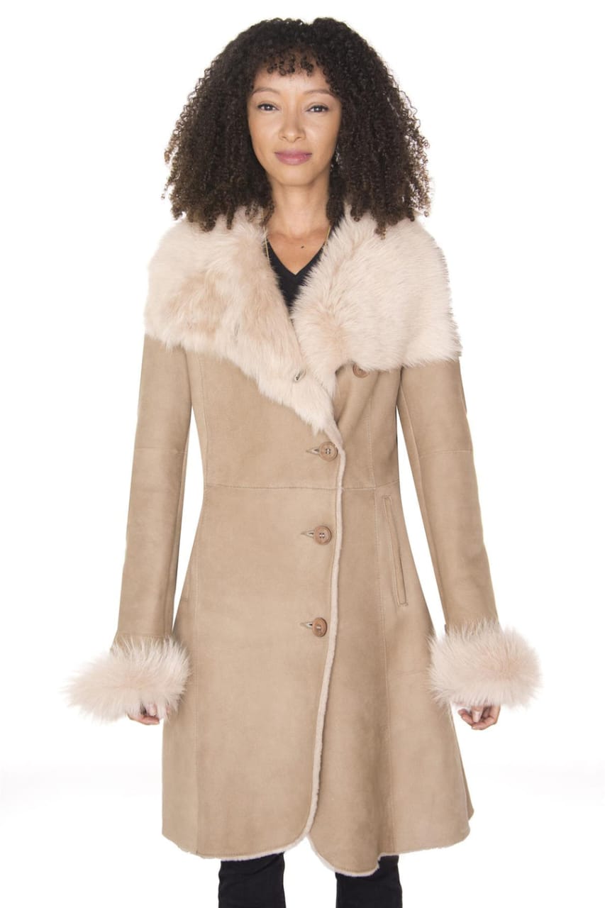 WOMENS SUEDE MERINO SHEARLING COAT WITH TOSCANA COLLAR-HANOI