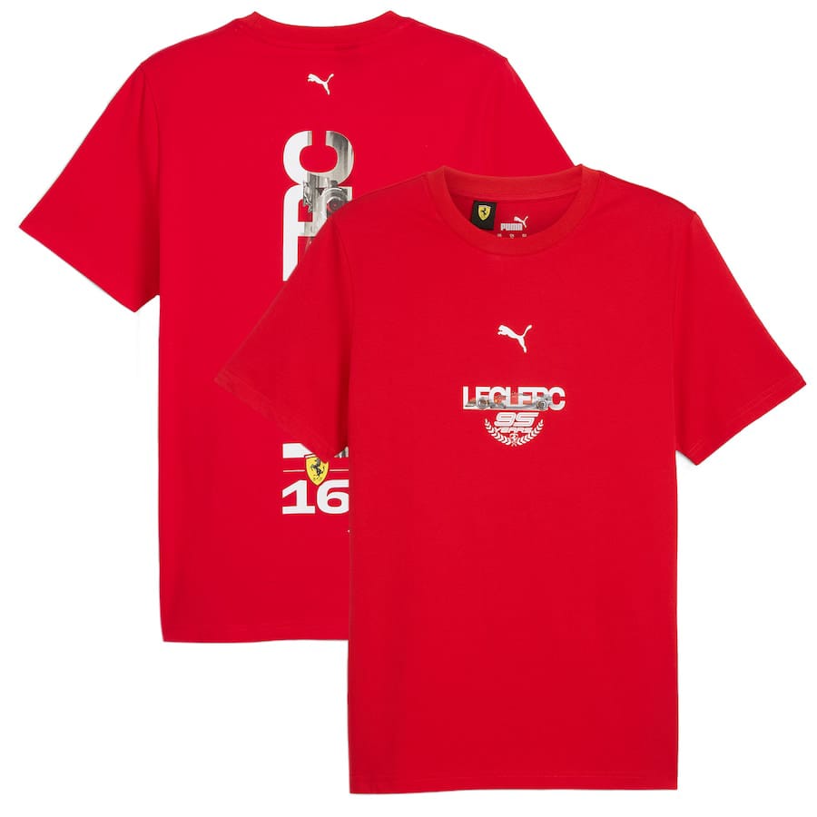 Front reference photo of Charles Leclerc T-Shirt in red, showing driver-inspired graphic