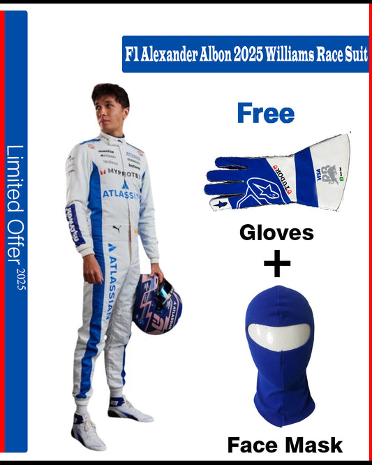 F1 driver in a white and blue racing suit with helmet, gloves, and face mask on a promotional poster.