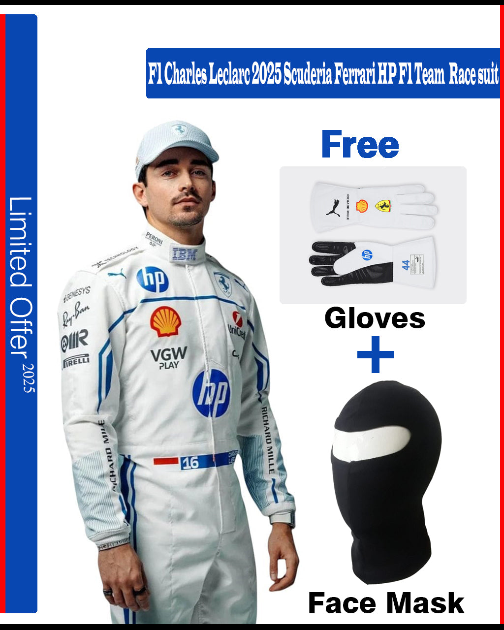 F1 Charles Leclarc 2025 Ferrari HP White Race suit Person wearing a Scuderia Ferrari racing suit with gloves and face mask included, on a white background.