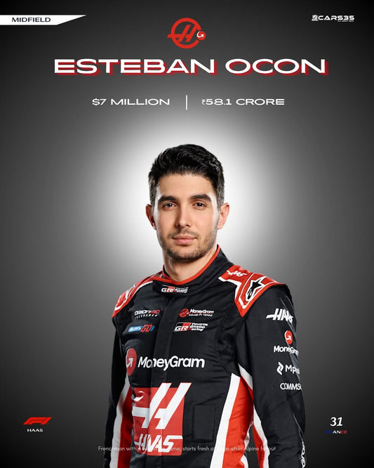 Person wearing a racing suit with visible branding on a dark background