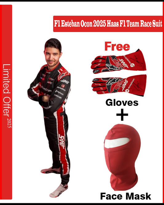 Promotional image of F1 Esteban Ocon 2025 Haas F1 Team race suit with free gloves and face mask offer.