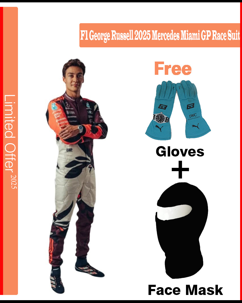 Promotional image of a racing suit with gloves and face mask, featuring F1 George Russell 2025 Mercedes Miami GP race suit.