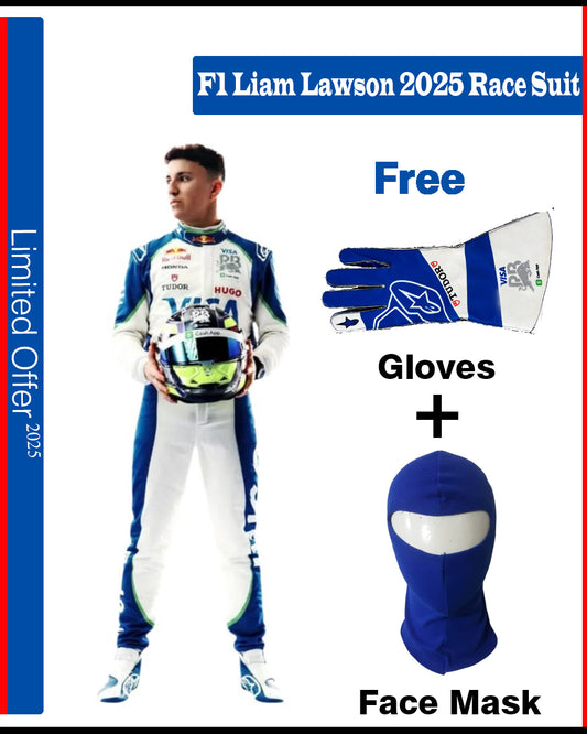 Promotional image of F1 Liam Lawson 2025 race suit with free gloves and face mask offer.