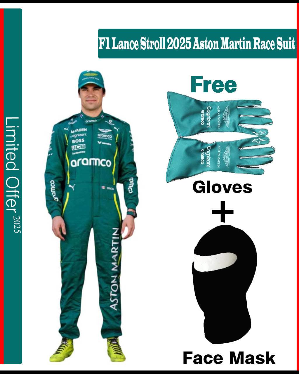 Aston Martin racing suit with gloves and face mask on a promotional poster.