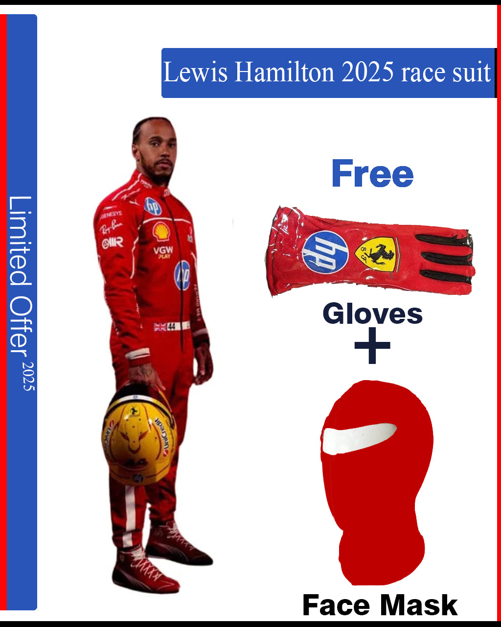 Promotional image of a red race suit with accessories, featuring a person holding a ball.