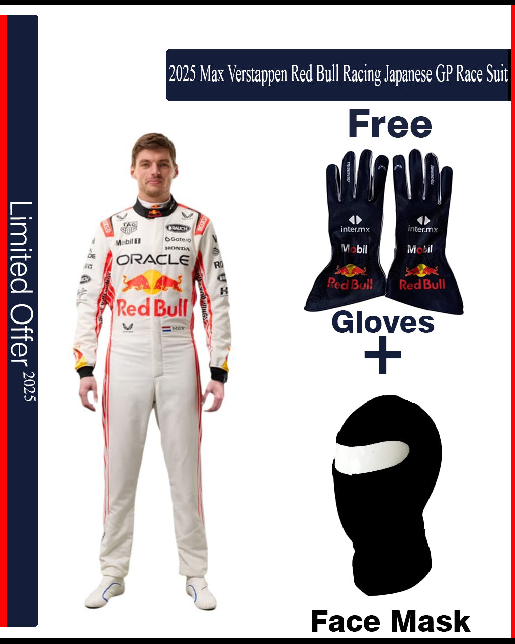Max Verstappen Red Bull Racing Japanese GP race suit with gloves and face mask on a white background