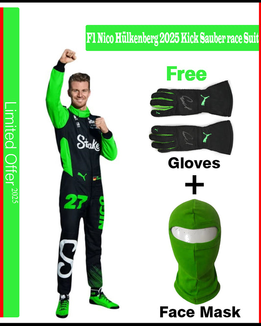 Person wearing a green and black racing suit with gloves and face mask on a white background