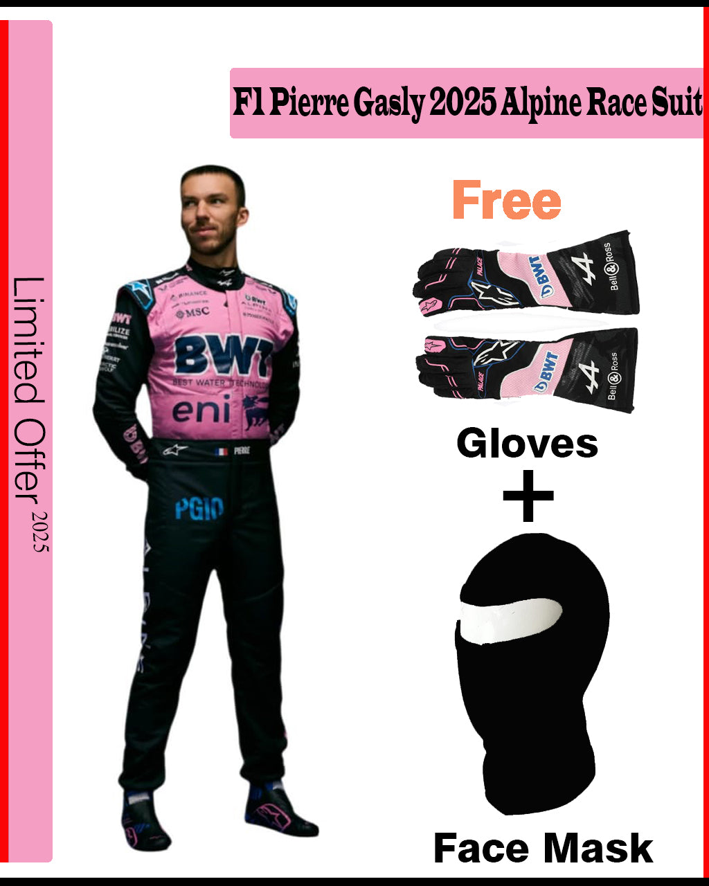 Promotional image of F1 Pierre Gasly 2025 Alpine race suit with gloves and face mask included.