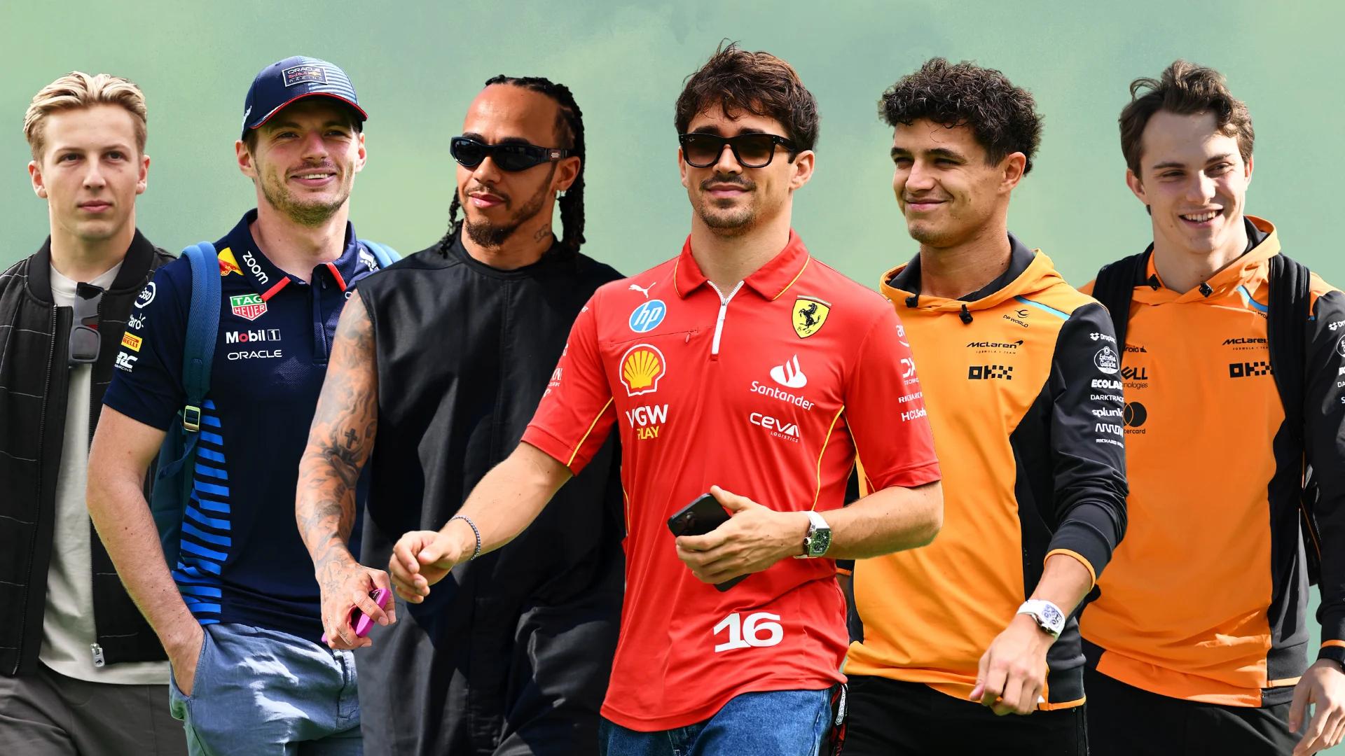 Group of men in various outfits with a green gradient background