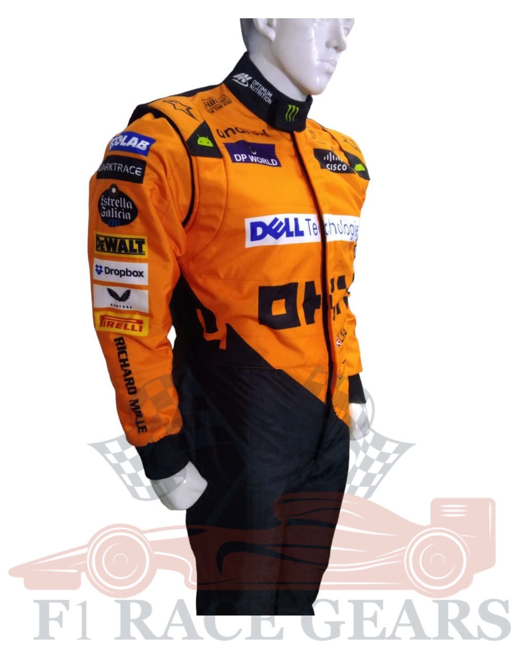 F1 go kart New McLaren lando Norris 2024 race suit Orange and black racing suit with various sponsor logos on a white background