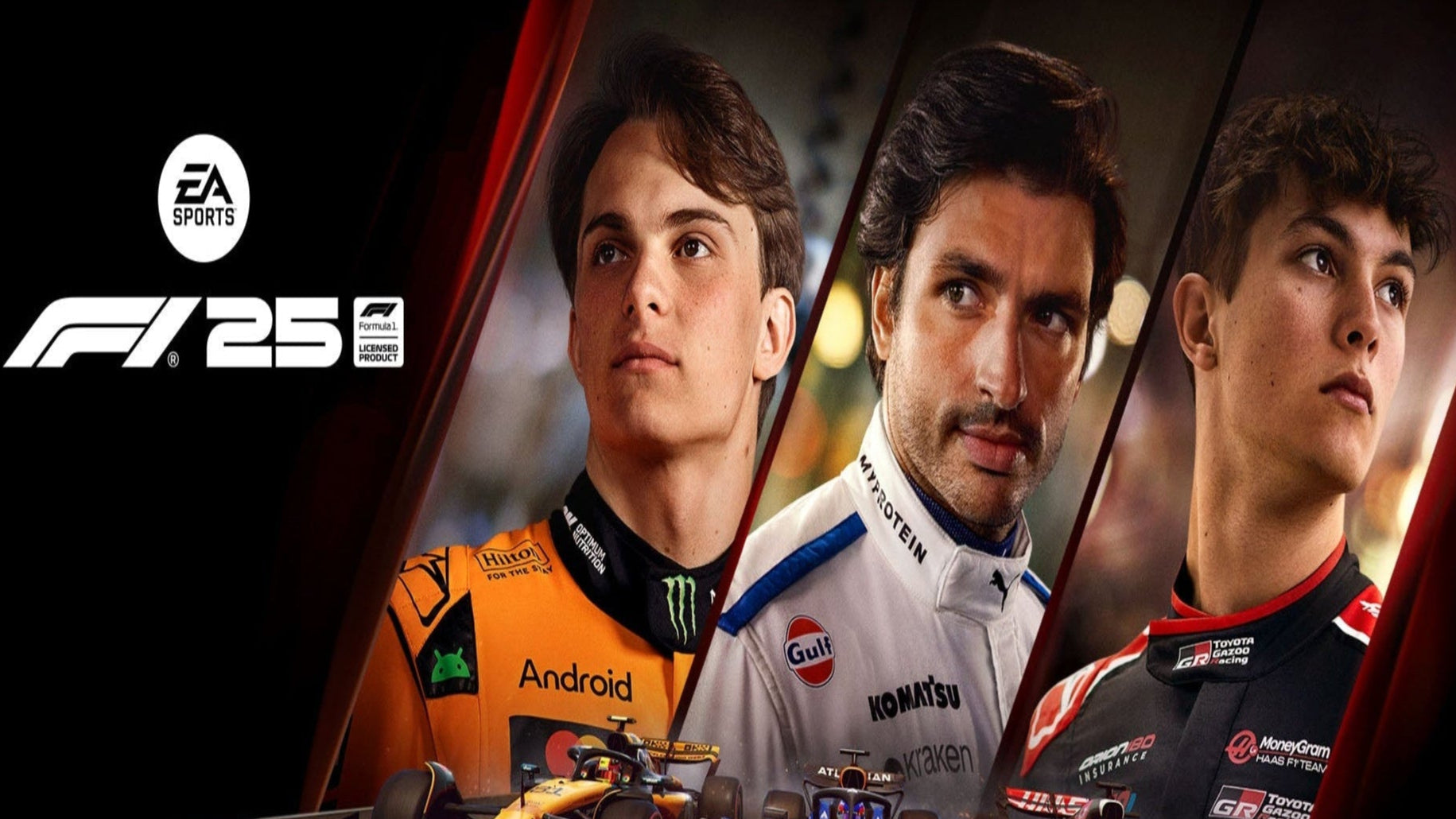 Promotional image for EA Sports F1 25 with three Formula 1 drivers and a car.