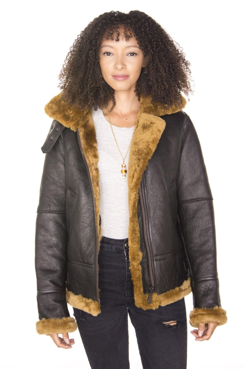 WOMENS HOODED SHEEPSKIN FLYING LEATHER JACKET-PALERMO