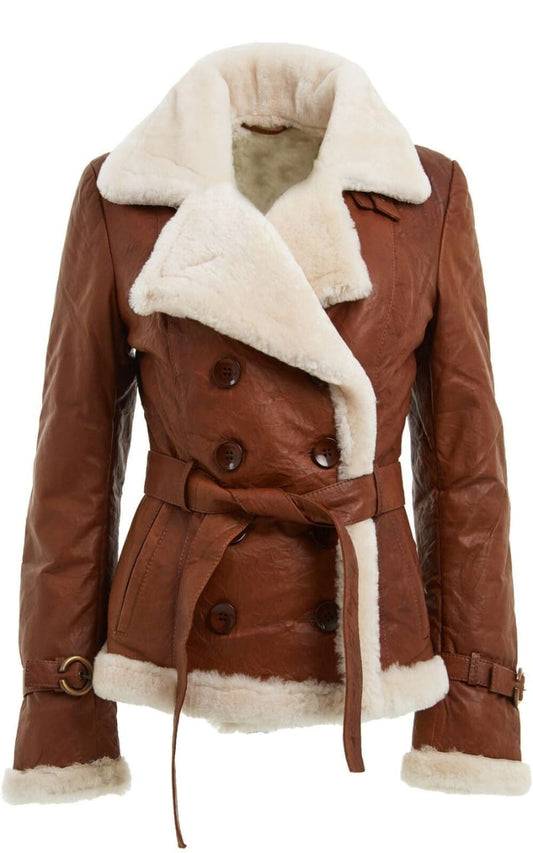 WOMENS TAN DOUBLE BREASTED SHEEPSKIN AVIATOR JACKET-LESHAN