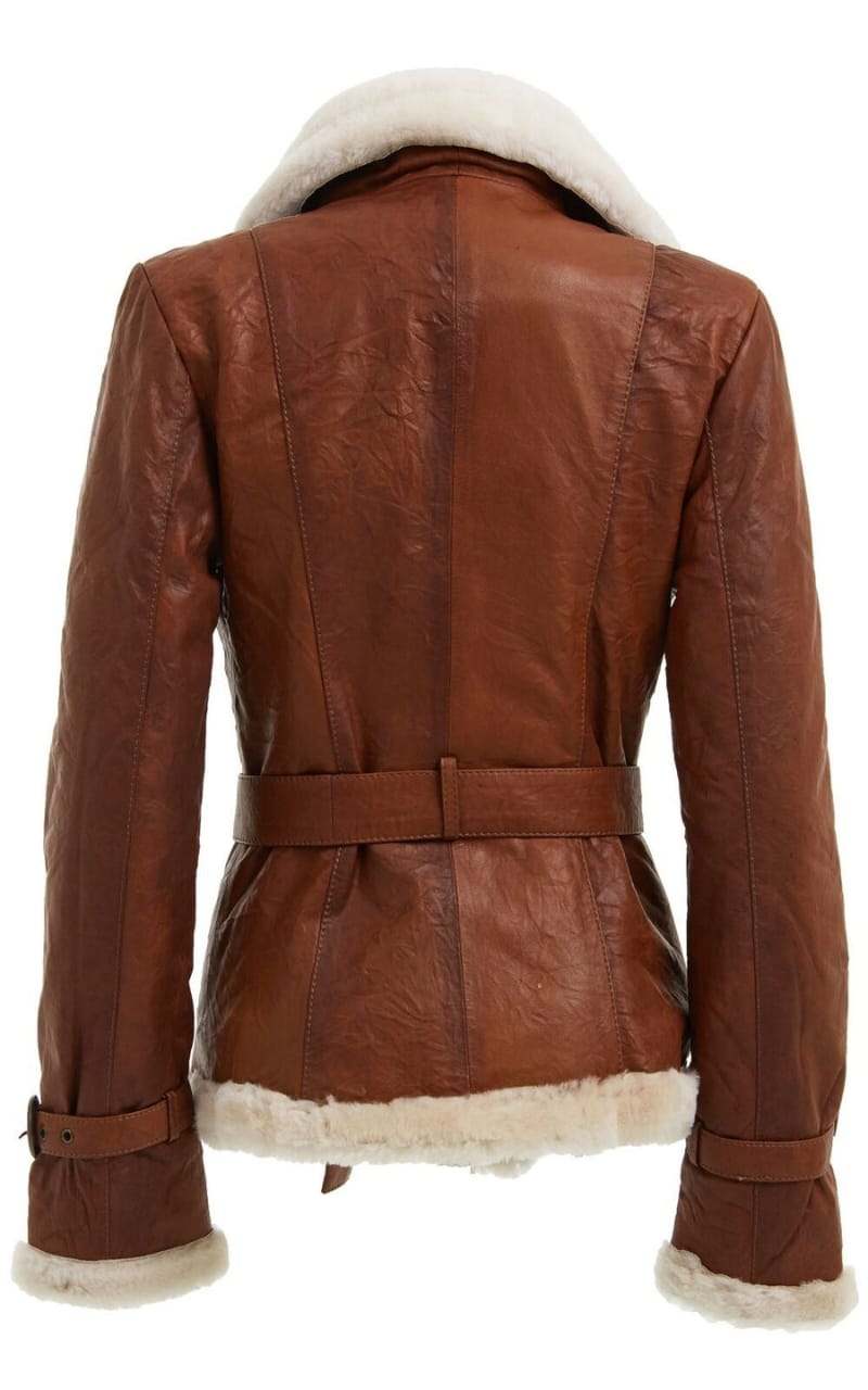 WOMENS TAN DOUBLE BREASTED SHEEPSKIN AVIATOR JACKET-LESHAN