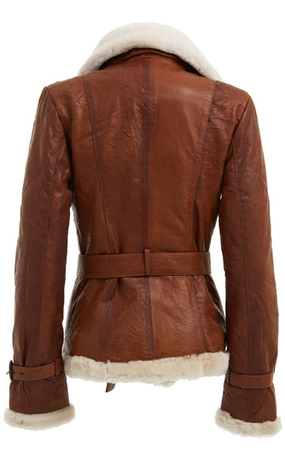 WOMENS TAN DOUBLE BREASTED SHEEPSKIN AVIATOR JACKET-LESHAN