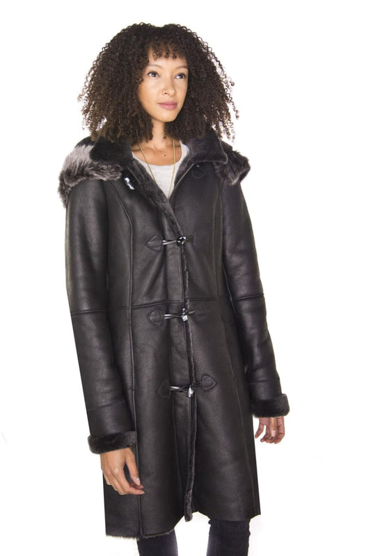 WOMENS BLACK SHEEPSKIN HOODED DUFFLE COAT-OTTAWA