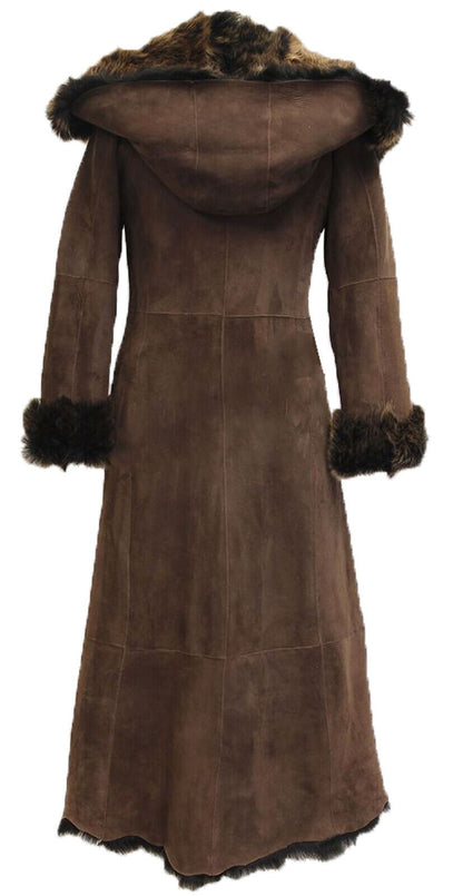 WOMENS SUEDE TOSCANA SHEEPSKIN HOODED TRENCH COAT-RUSHDEN