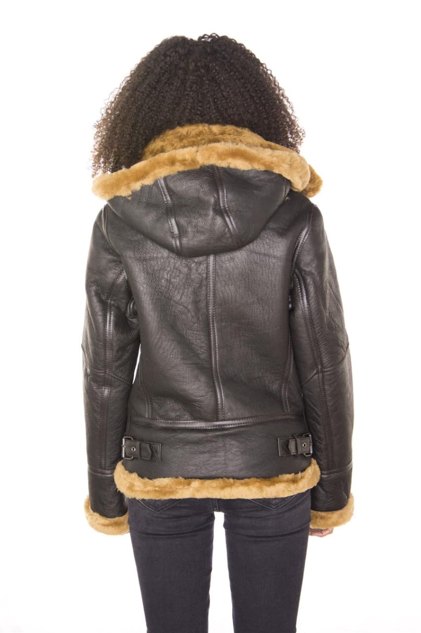 WOMENS HOODED SHEEPSKIN FLYING LEATHER JACKET-PALERMO