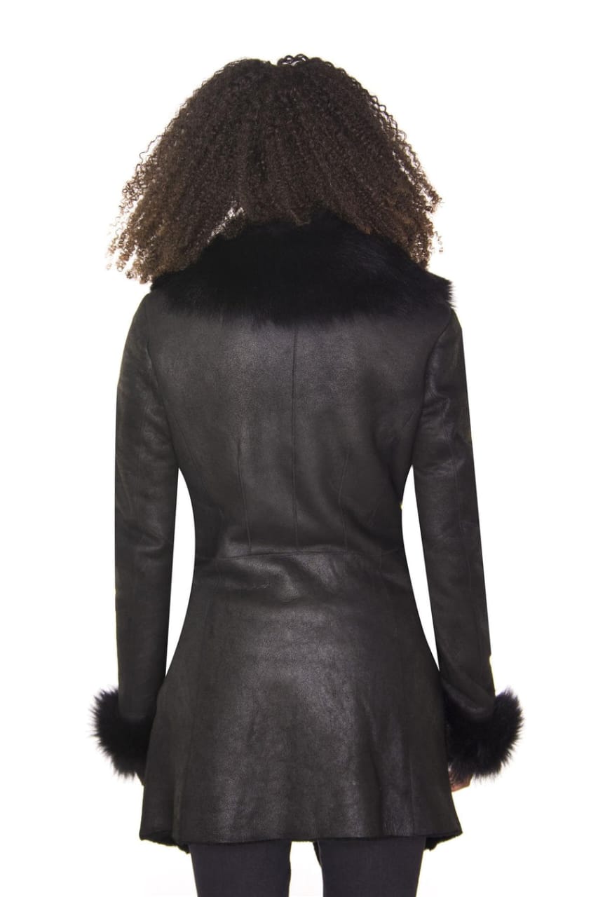 WOMENS BLACK MERINO SHEARLING COAT WITH TOSCANA COLLAR-FORTALEZA