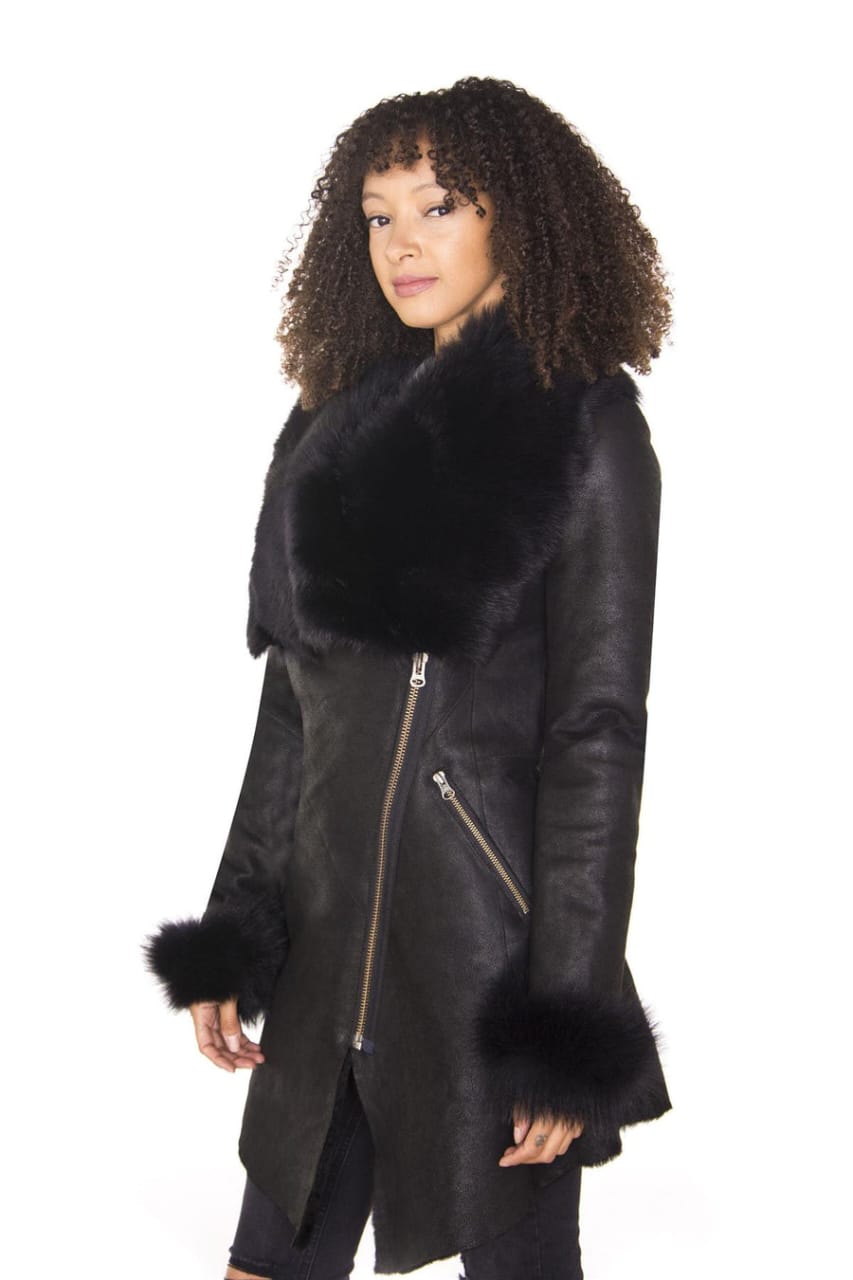 WOMENS BLACK MERINO SHEARLING COAT WITH TOSCANA COLLAR-FORTALEZA