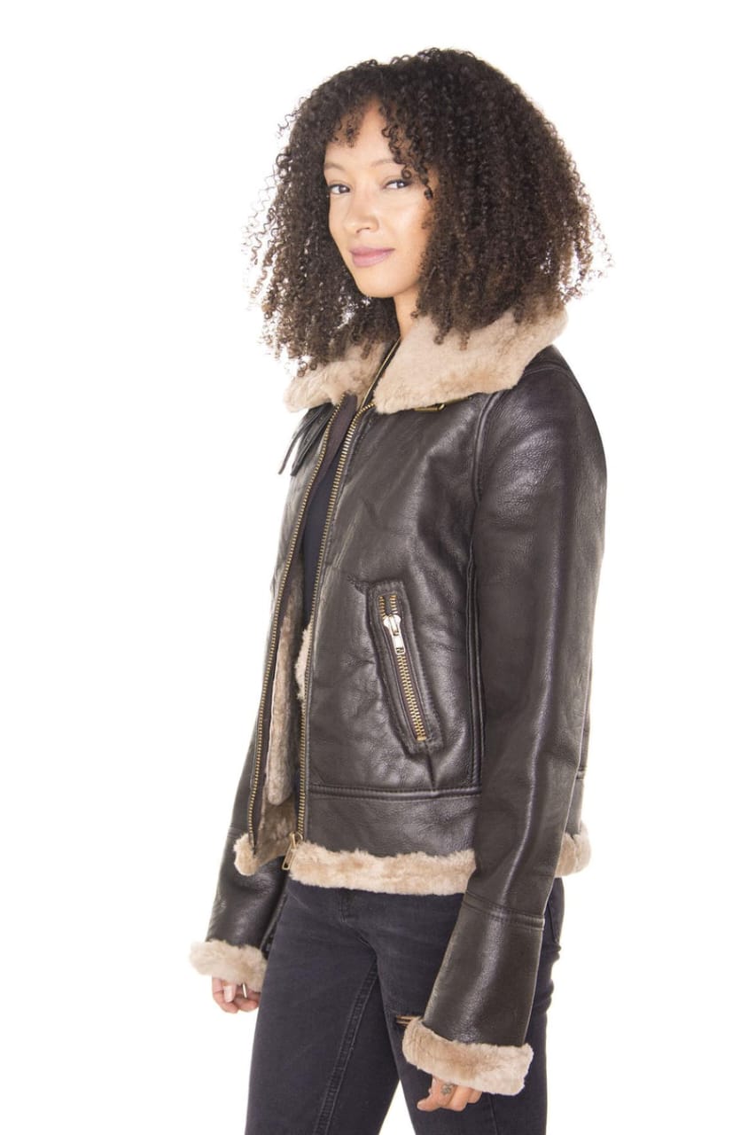 WOMENS BROWN B3 SHEEPSKIN LEATHER FLYING JACKET-KAYSERI