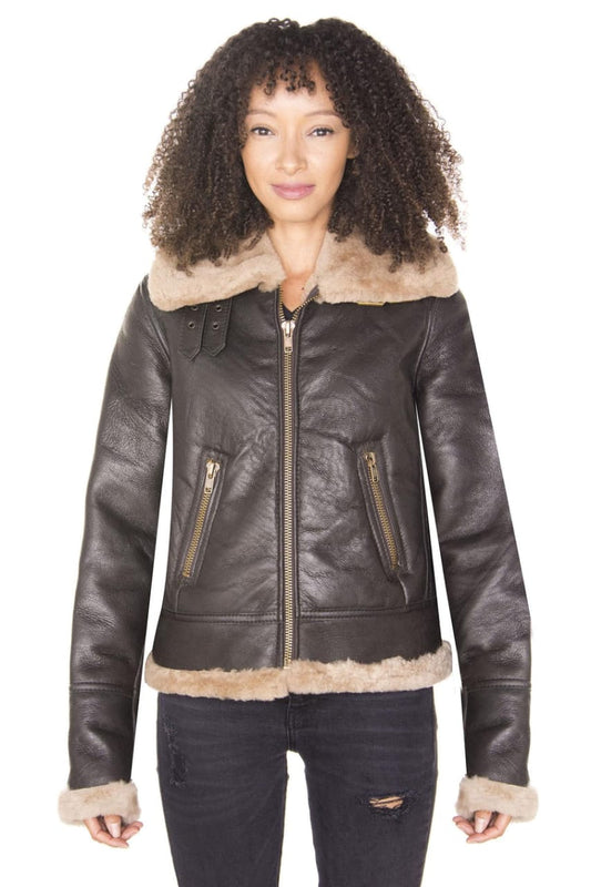 WOMENS BROWN B3 SHEEPSKIN LEATHER FLYING JACKET-KAYSERI