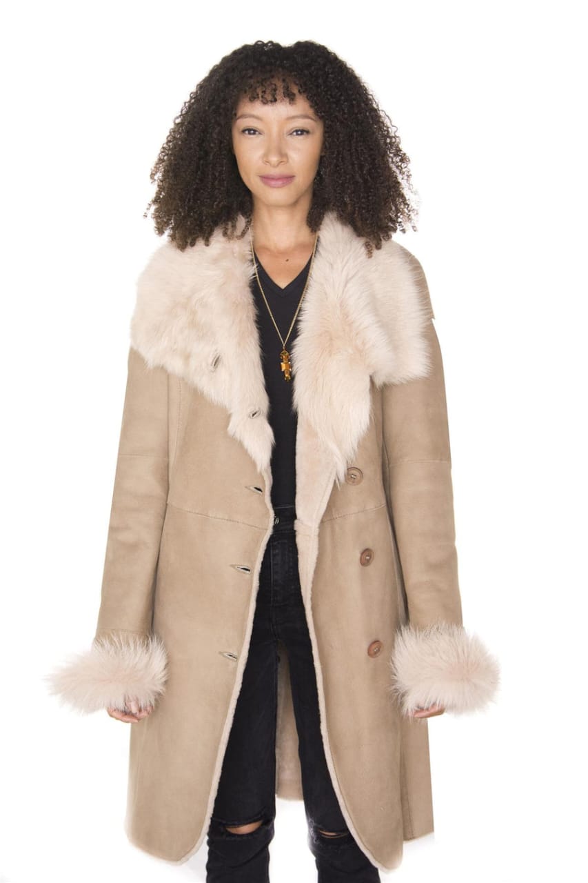 WOMENS SUEDE MERINO SHEARLING COAT WITH TOSCANA COLLAR-HANOI