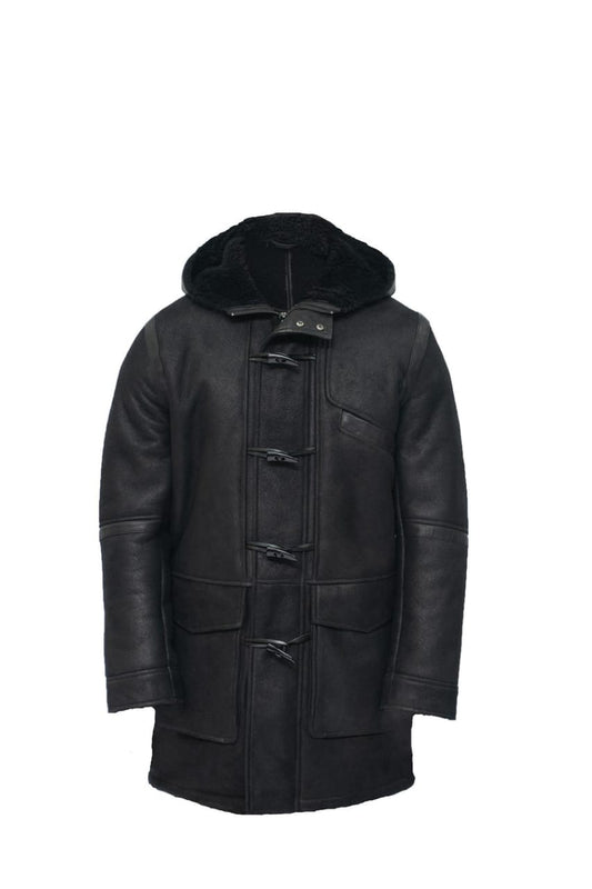 MENS WINTER SHEEPSKIN LEATHER HOODED DUFFLE COAT-MONTPELLIER