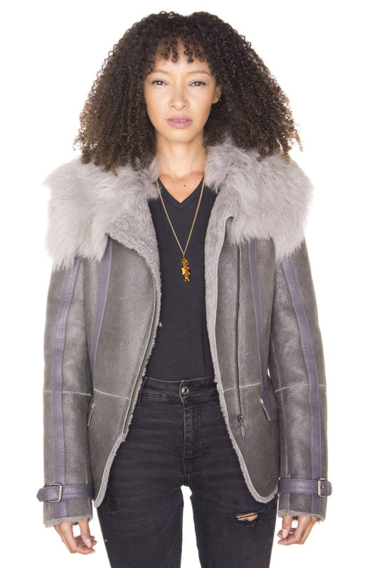 WOMENS GREY TOSCANA SHEARLING FLYING JACKET-TERESINA