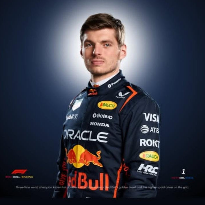 Max Verstappen in his racing suit with sponsor logos on a dark background