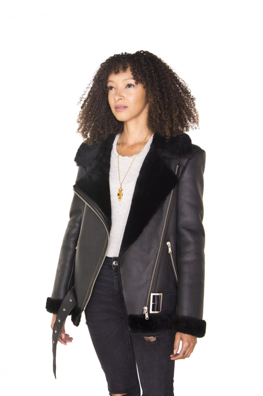 WOMENS BLACK SHEEPSKIN AVIATOR BIKER JACKET-MERIDA