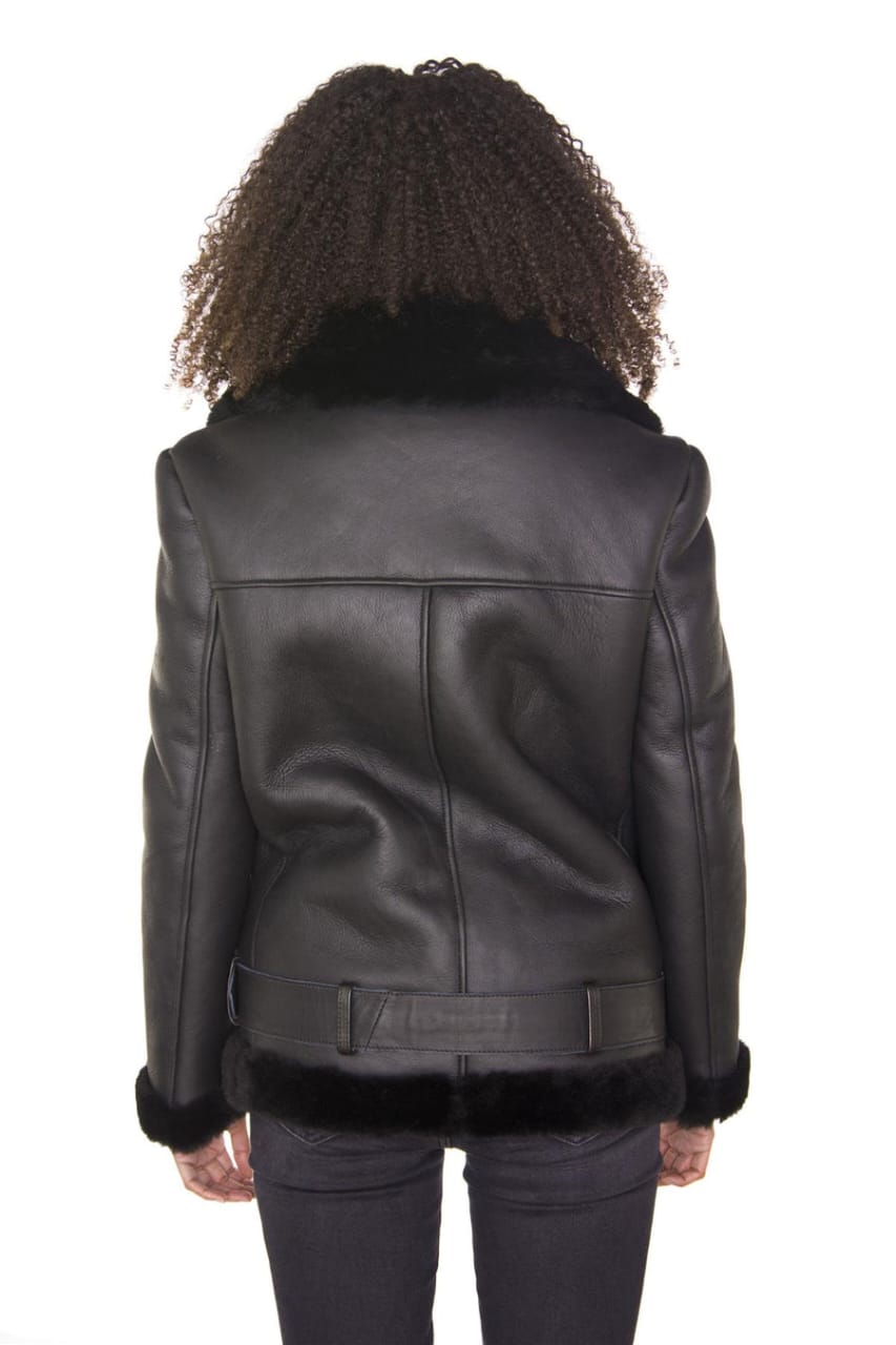 WOMENS BLACK SHEEPSKIN AVIATOR BIKER JACKET-MERIDA