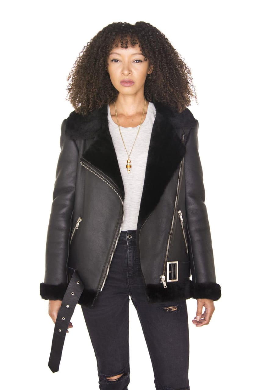 WOMENS BLACK SHEEPSKIN AVIATOR BIKER JACKET-MERIDA