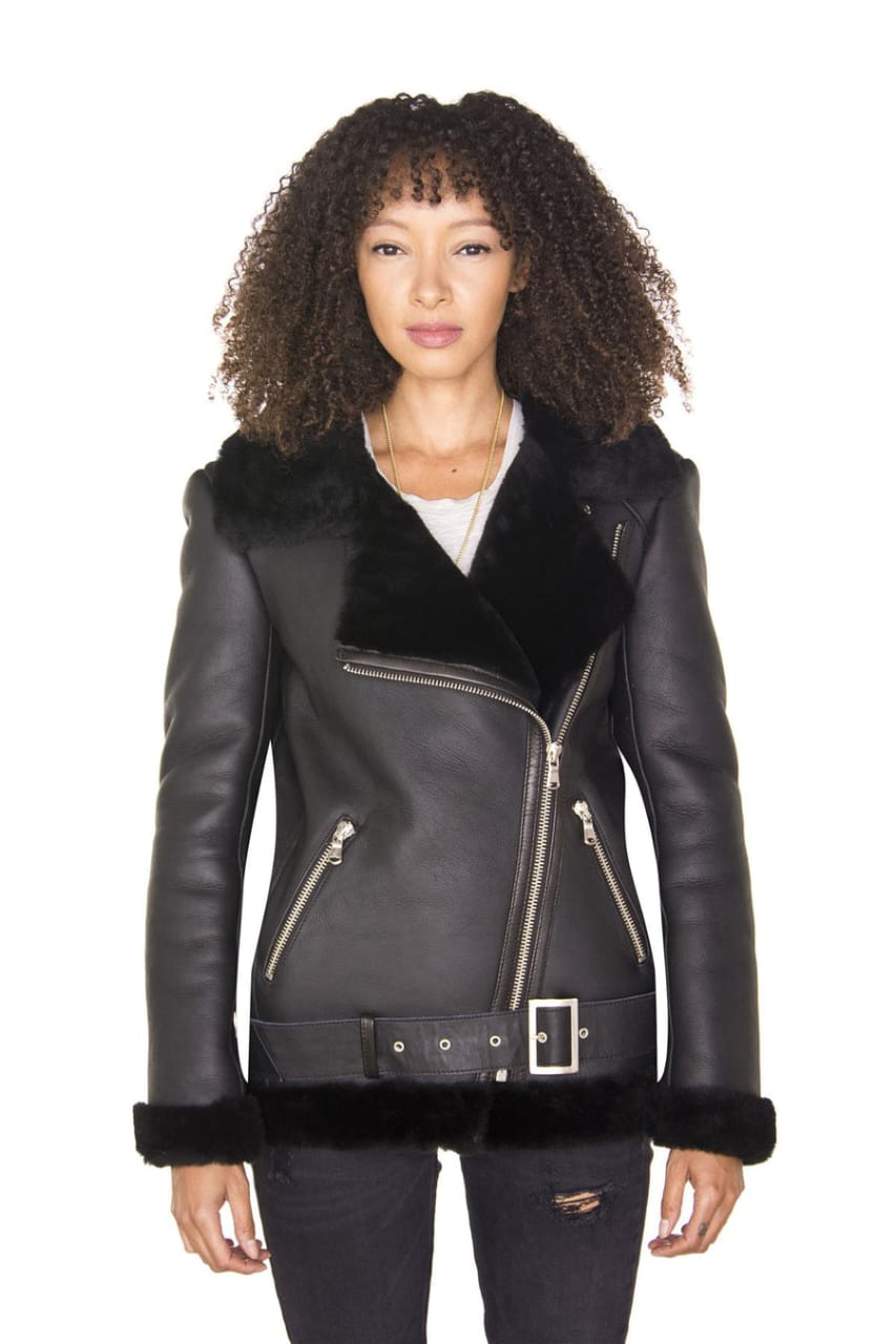 WOMENS BLACK SHEEPSKIN AVIATOR BIKER JACKET-MERIDA