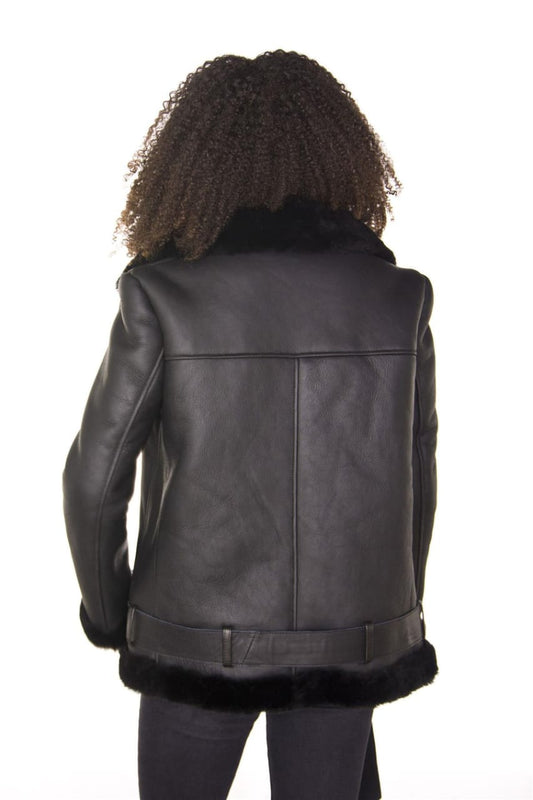 WOMENS BLACK SHEEPSKIN AVIATOR BIKER JACKET-MERIDA