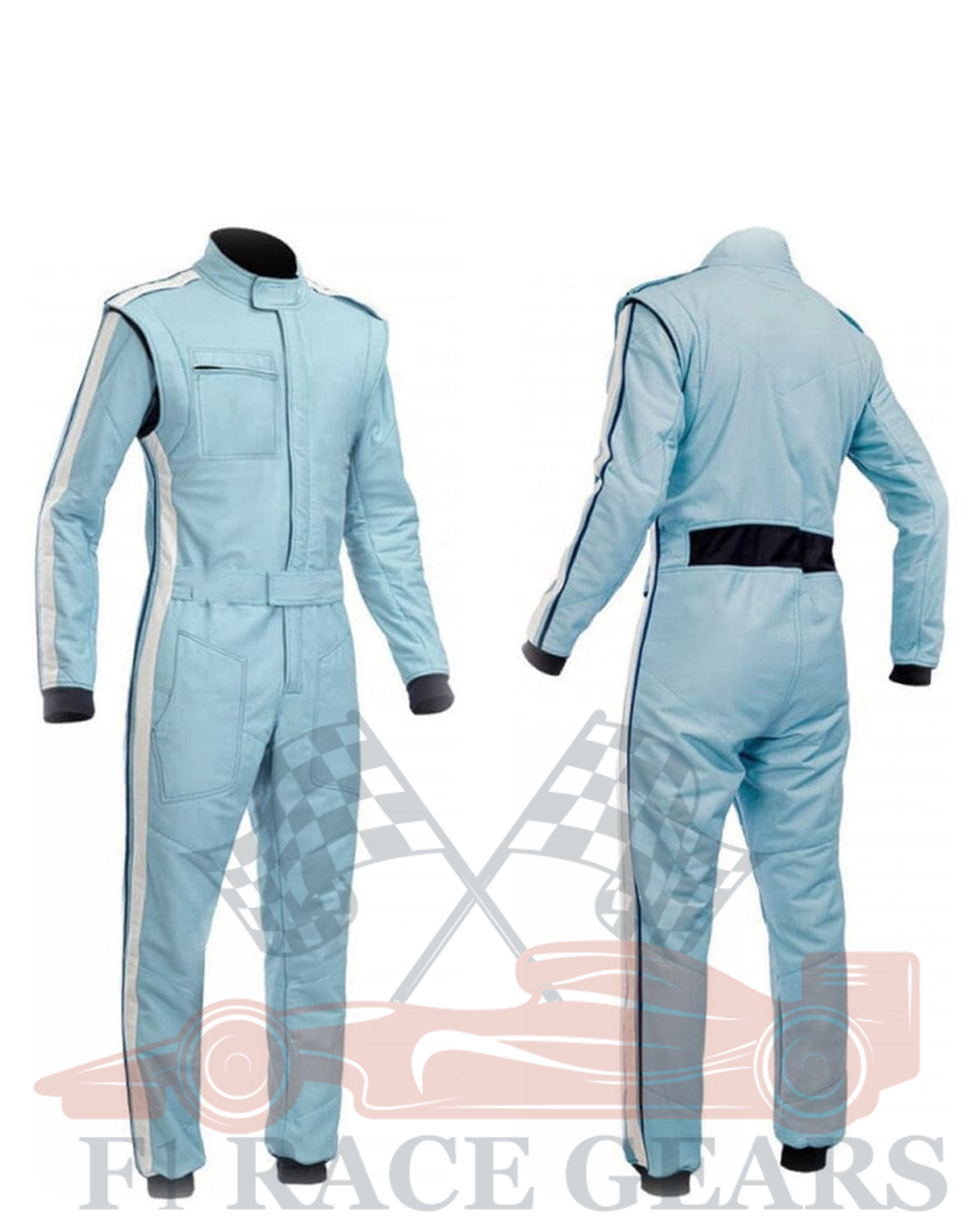 Sky and white strips go kart cardura race suit