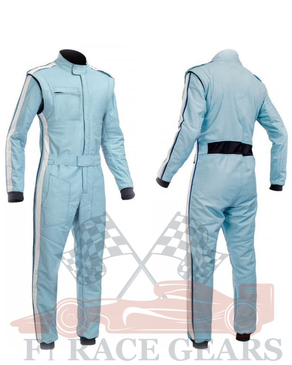 Sky and white strips go kart cardura race suit