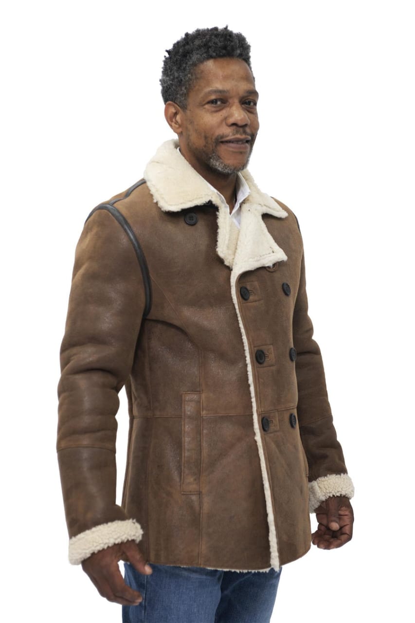 MENS DOUBLE BREASTED SHEARLING SHEEPSKIN PEA COAT-VALENCIA