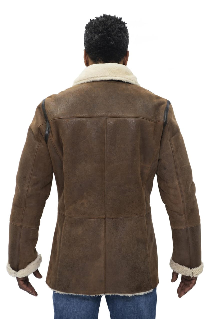 MENS DOUBLE BREASTED SHEARLING SHEEPSKIN PEA COAT-VALENCIA