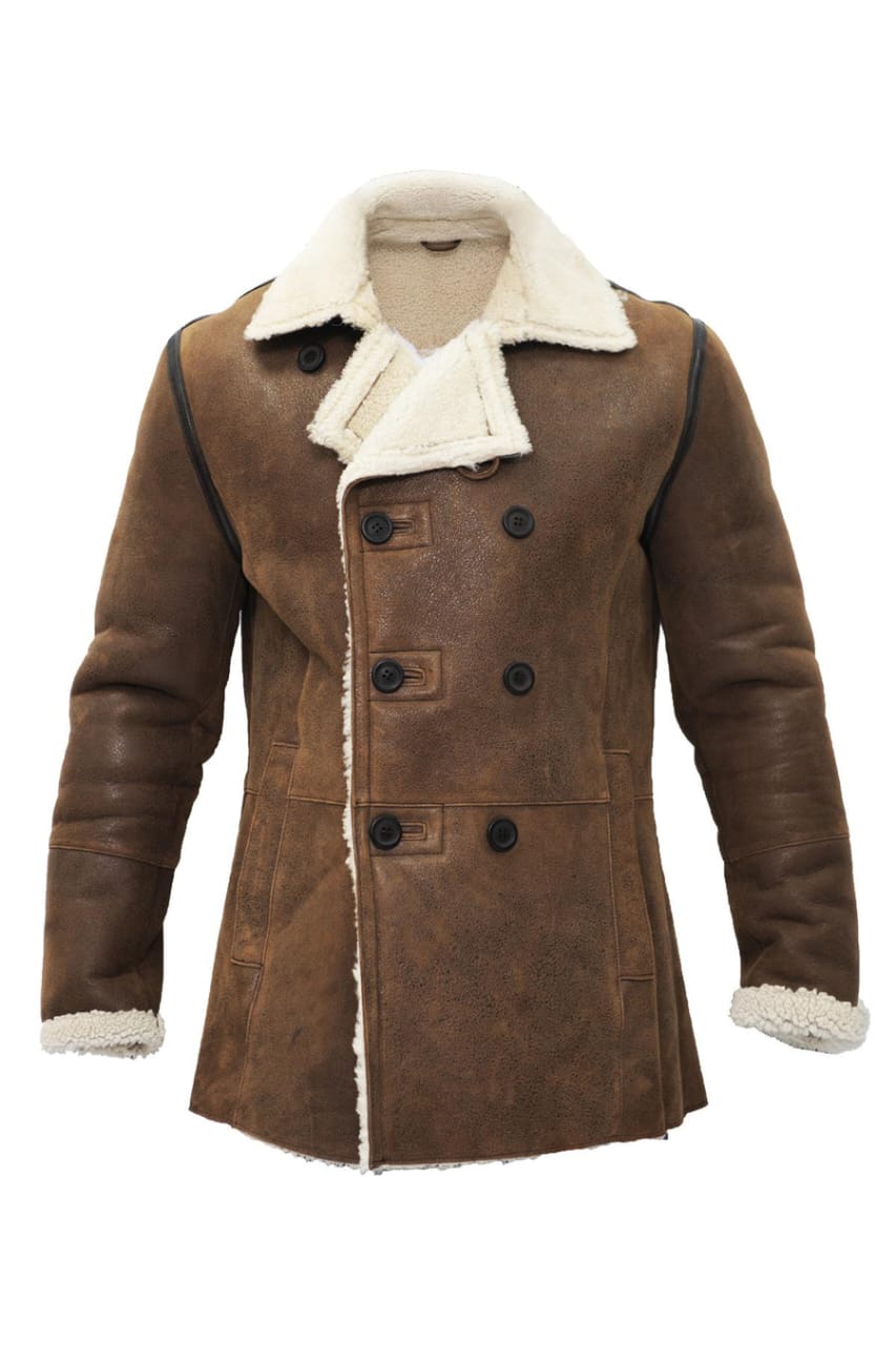 MENS DOUBLE BREASTED SHEARLING SHEEPSKIN PEA COAT-VALENCIA