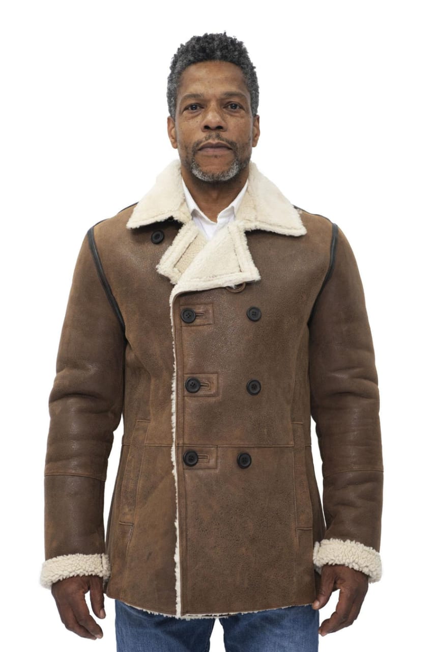 MENS DOUBLE BREASTED SHEARLING SHEEPSKIN PEA COAT-VALENCIA