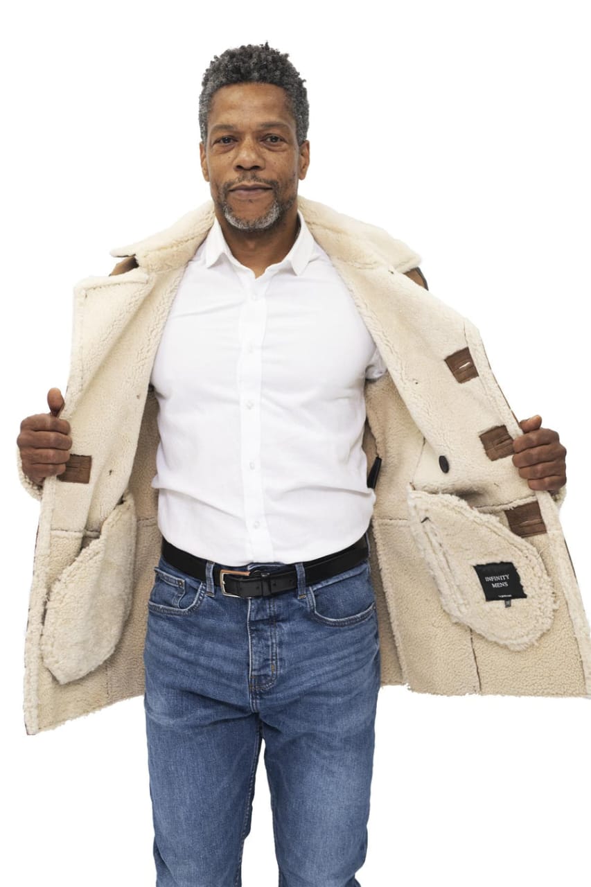 MENS DOUBLE BREASTED SHEARLING SHEEPSKIN PEA COAT-VALENCIA