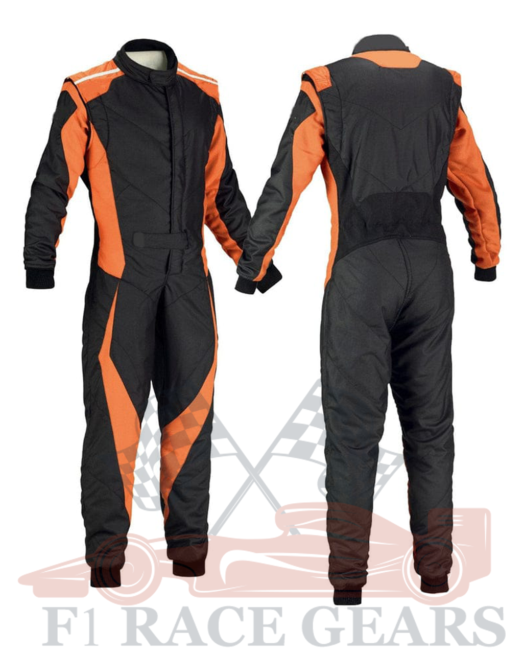A black and orange Cordura kart racing suit with a 2-way stretch fabric and a brand logo on the chest.