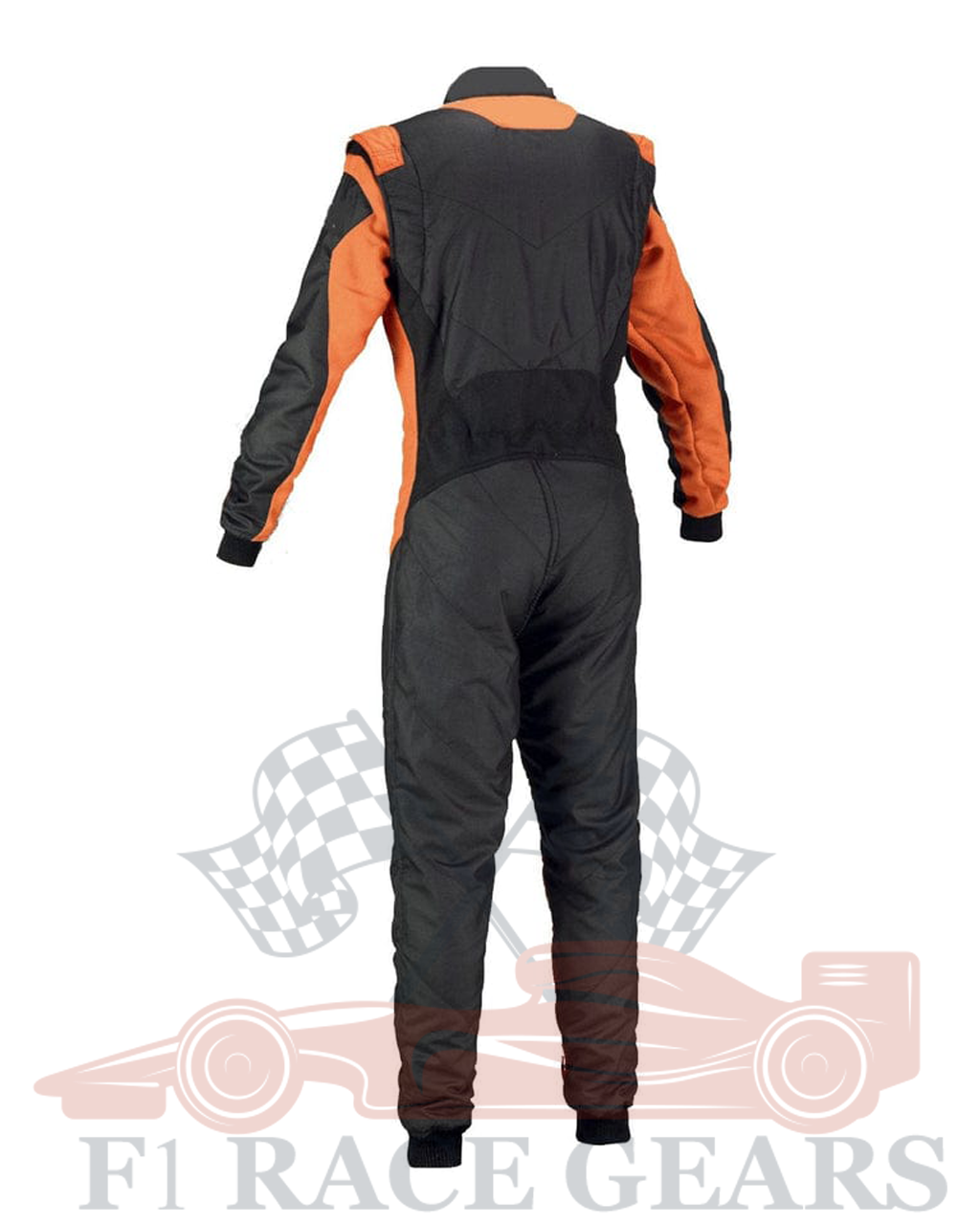 A black and orange Cordura kart racing suit with a 2-way stretch fabric and a brand logo on the chest.